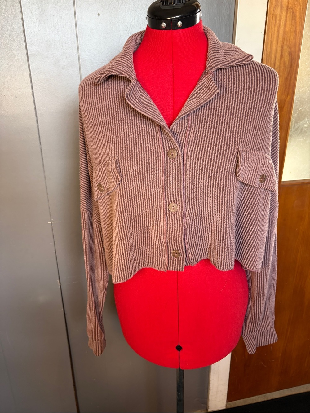 Altar'd State Cropped Rib-Knit Button Cardigan in Mauve